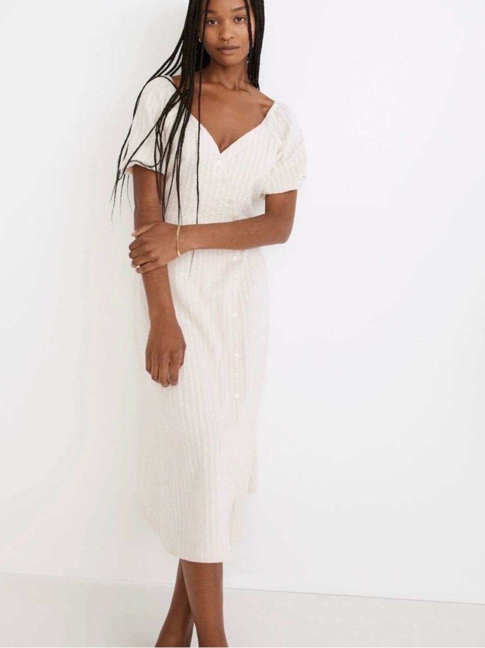 Madewell Undyed Stripe Puff Sleeve Button Wrap Midi Dress Size 12 Cream Neutral